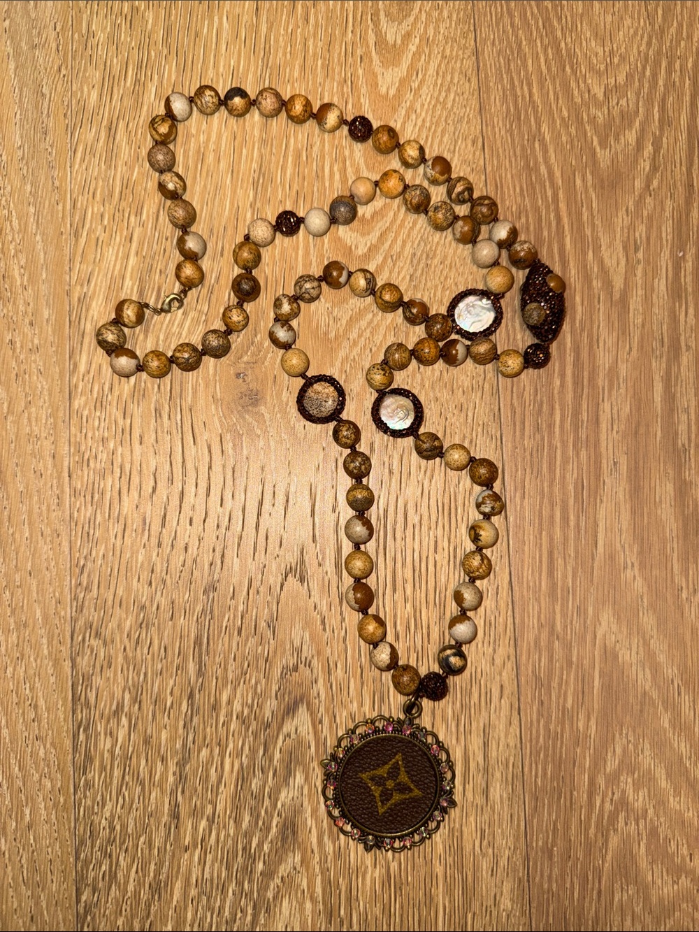 Beaded Brown Pendant Necklace with Pink Accents